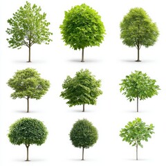 Fototapeta premium Nine Diverse Green Trees Isolated on White Background High Resolution Images for Landscaping Design