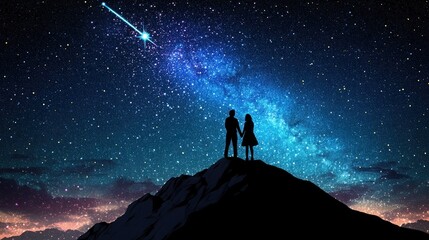 Fototapeta premium Couple Silhouetted Against Starry Night Sky Mountaintop