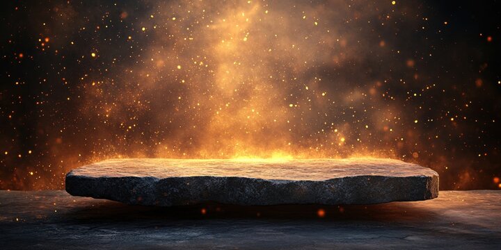 Stone platform with fiery sparks floating in a dark space ideal for product display or mockup