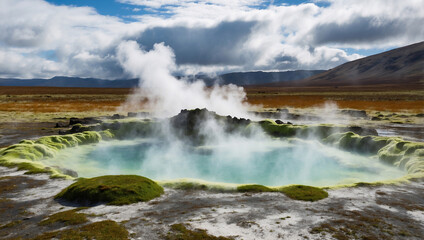 Geothermal Hot Spring with Rising Steam and Mossy Rocks