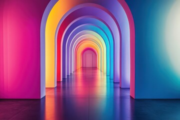 Colorful arches create a mesmerizing hallway filled with vibrant hues and captivating light. Generative AI