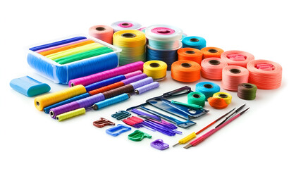 Color threads and sewing accessories on white background