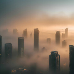 A bustling modern city emerges at dawn, shrouded in a thick, mystical fog,