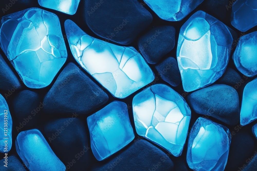 Poster illuminated blue stones create a mesmerizing pattern in a tranquil natural setting at twilight. gene