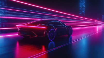 Futuristic car speeding neon city highway