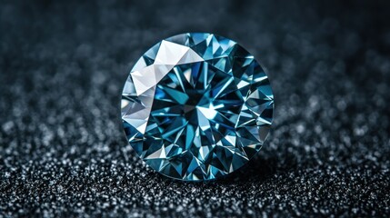 A detailed photo of a brilliant blue diamond with sharp cuts and a luminous halo, symbolizing boldness and trust on a sleek black backdrop