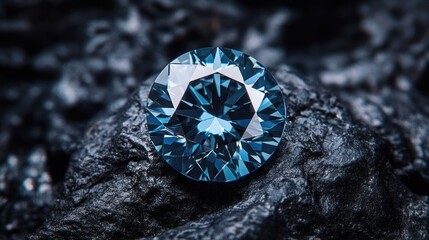 A detailed photo of a brilliant blue diamond with sharp cuts and a luminous halo, symbolizing boldness and trust on a sleek black backdrop