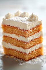 Delicious layer cake with white frosting and powdered sugar on a light surface close up view