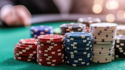 Naklejka premium Stacks of colorful poker chips sit on a green felt table during a game in a casino.