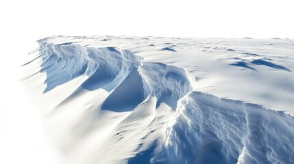 Fototapeta premium A dynamic image of a large, wind-carved snowdrift, showcasing sharp ridges and soft shadows, isolated on a white background