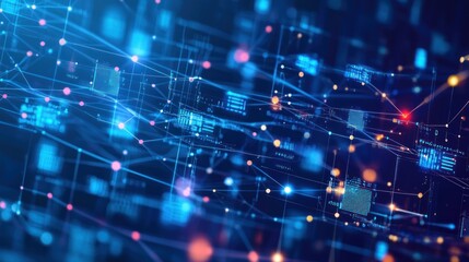 Obraz premium A dynamic technology background featuring a combination of data streams, glowing nodes, and abstract motherboard patterns in high resolution