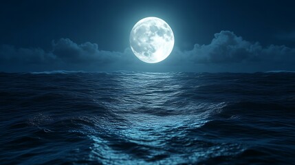 Full Moon Over Dark Ocean Waves At Night