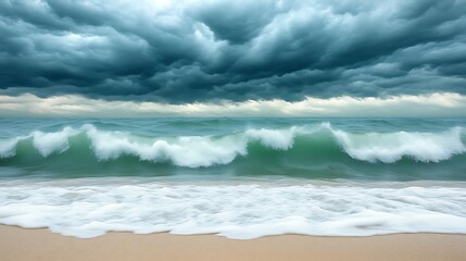 Stormy Ocean Waves Crashing on Sandy Beach