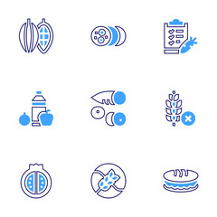 Nutrition icon set. Bold line style. Duotone colors. Editable stroke. wheat, pambazo, nutrition, yuca, pomegranate, ham, cocoa, celiac, feeding