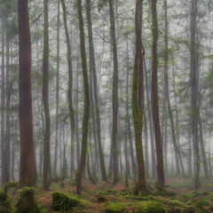 Naklejka premium A dense forest enveloped in heavy fog creates a mysterious and tranquil scene, with sunlight faintly filtering through the towering trees.