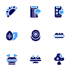 Nutrition icon set. Bold style. Duotone colors. nutrition, almond, panini, guacamole, kiwi, sandesh, empanada, mushroom