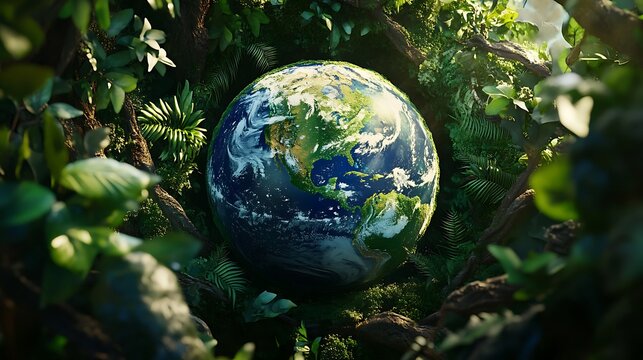 Sustainable earth with vibrant green globe encircled by rich natural plants and trees