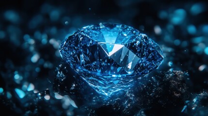 Obraz premium A high-resolution image of a massive blue diamond with sharp details, glowing with a soft aura of light on a bold black backdrop