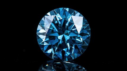 A high-resolution image of a vivid blue diamond with intricate cuts, glowing with a soft halo of light on a bold black background.