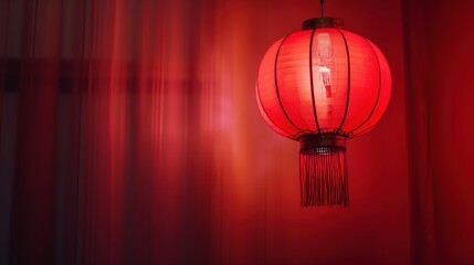 Traditional Chinese Red Lantern with Intricate Design and Soft Glowing Light