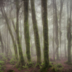 A dense forest enveloped in heavy fog creates a mysterious and tranquil scene, with sunlight faintly filtering through the towering trees.