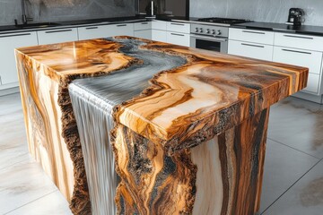 Modern kitchen island with unique river epoxy resin countertop.