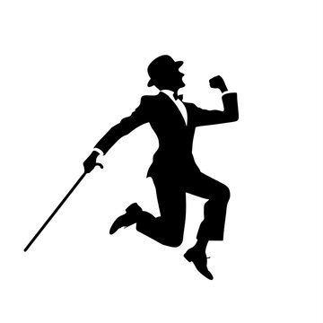recommend clip art: man wear suit and bowler hat jumping with stick	
                    