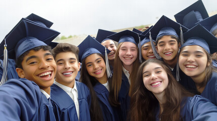A group of high school students in graduation caps and gowns celebrating mid-year achievements, with smiles and a sense of accomplishment.