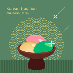 Korean traditions, holidays, Lunar New Year, Chuseok. Food rice cakes for ancestors. Vector illustrations.