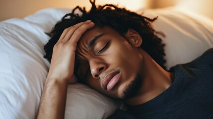 A person in bed with a hand on their forehead, showing signs of discomfort and fatigue in a dimly lit room.