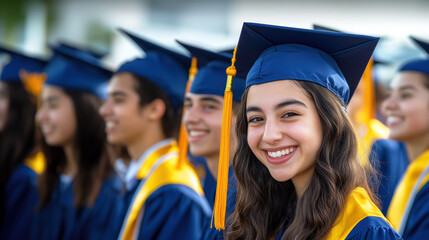 A group of high school students in graduation caps and gowns celebrating mid-year achievements, with smiles and a sense of accomplishment.