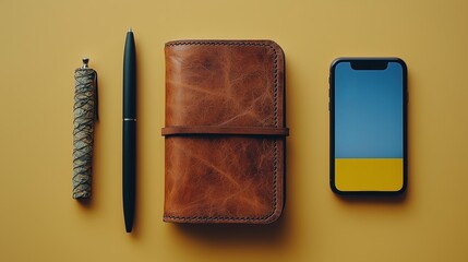 Stylish Workspace Setup with Leather Journal, Pen, and Phone