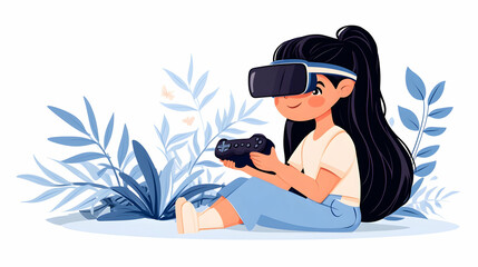 Girl playing VR game outdoors, serene garden background, digital entertainment illustration, perfect for tech articles