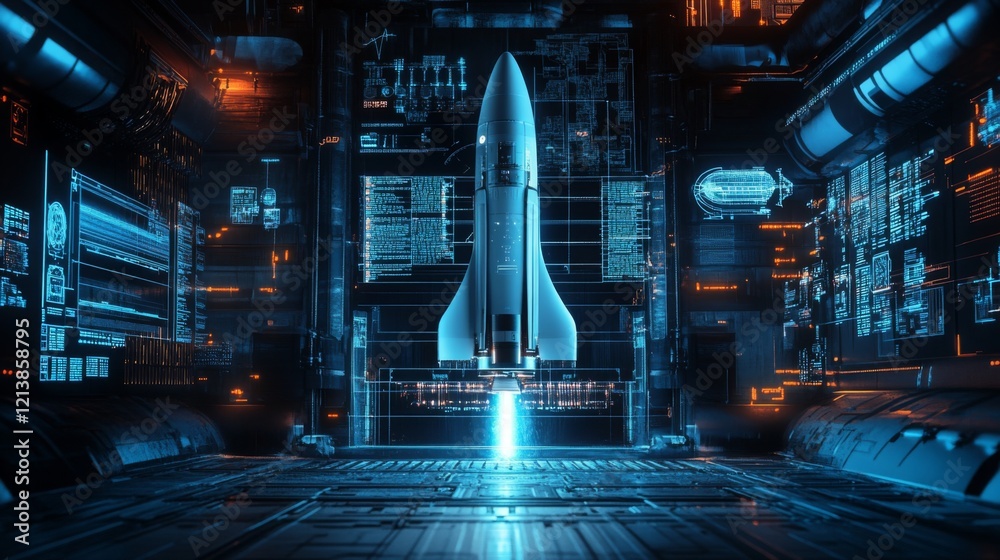 Fototapete A sleek rocket stands ready for launch on a technologically advanced pad illuminated by neon blue and orange lights. Digital screens display critical data, creating a high-tech environment at night.