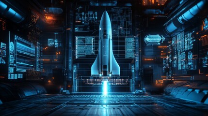 A sleek rocket stands ready for launch on a technologically advanced pad illuminated by neon blue and orange lights. Digital screens display critical data, creating a high-tech environment at night.