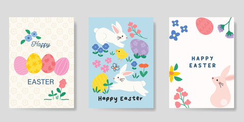 Happy Easter card vector set. Hand drawn playful cute decorate with easter eggs, flowers, chick, rabbit. Collection of adorable doodle design for decorative, cover, poster, kids.