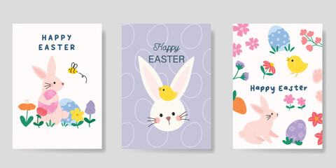 Happy Easter card vector set. Hand drawn playful cute decorate with easter eggs, flowers, chick, rabbit. Collection of adorable doodle design for decorative, cover, poster, kids.