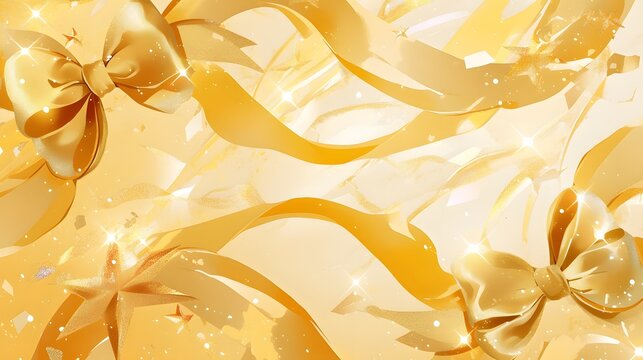 Gold ribbons and bows for a luxurious, celebratory backdrop, ideal for invitations.