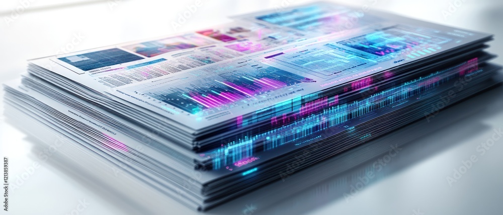 Poster stacked data reports with vibrant visual analytics displayed