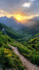 Mountain sunset trail, valley view, hiking path, scenic landscape, nature wallpaper