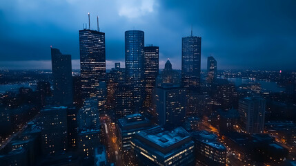 Night cityscape, downtown towers, winter twilight, urban skyline, aerial view, for travel brochures