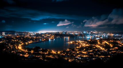 Fototapeta premium Night city skyline, harbor lights, coastal landscape, panoramic view