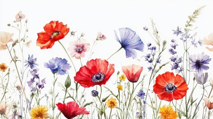 Beautiful seamless floral water color pattern Set, watercolor wild flowers, leaves and grass,Collection botanic garden elements, isolated illustration in rustic or vintage style,copy space.