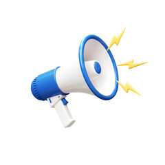 3D Megaphone Icon with Yellow Lightning Bolts and Vibrant Blue and White Design