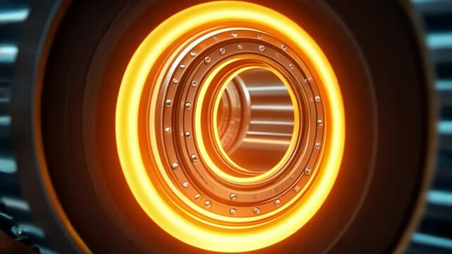 Glowing Bearing: Close-up of a metallic bearing with a vibrant orange glow, showcasing intricate details and mechanical precision. The image evokes a sense of power, technology.