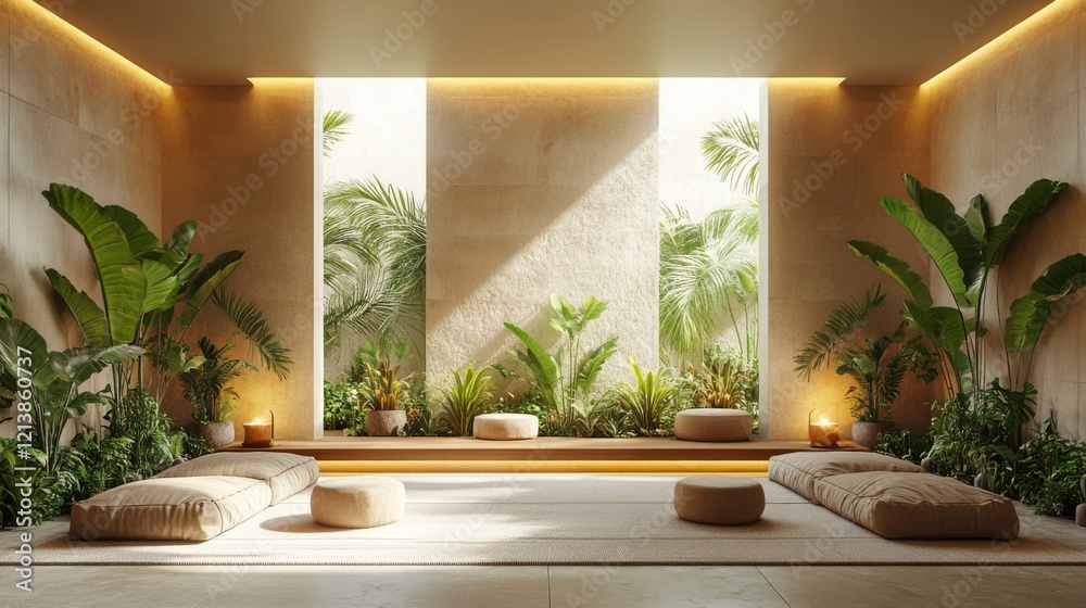 Fototapete this relaxing indoor area showcases large windows allowing sunlight and greenery to fill the space, 