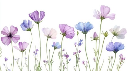 Beautiful seamless floral water color pattern Set, watercolor wild flowers, leaves and grass,Collection botanic garden elements, isolated illustration in rustic or vintage style,copy space.