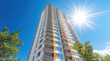 Modern high-rise apartment building under sunny blue sky