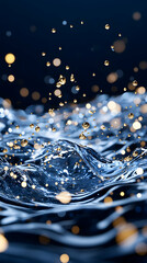 Sparkling water ripples, dark blue background, golden droplets, abstract.  Use website banner