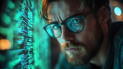 Concentrated Caucasian Bearded Man Coding and Programming on Laptop at Office Desk